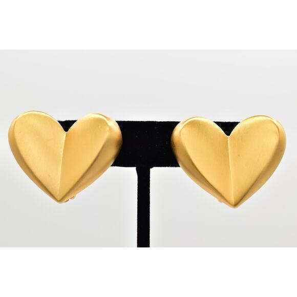 Givenchy Vintage Heart Clip On Earrings Brushed Gold Chunky Signed 1980s BinBK - Picture 1 of 12